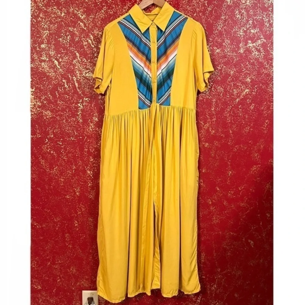 LUCKY & Blessed L&B Mustard Yellow Long Open Shirt Dress Cardigan Duster S - Picture 3 of 11
